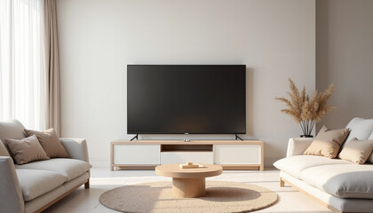 Modern living room with minimalist furniture and soft lighting