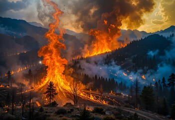 Fiery Wildfire Engulfs Mountain Landscape
