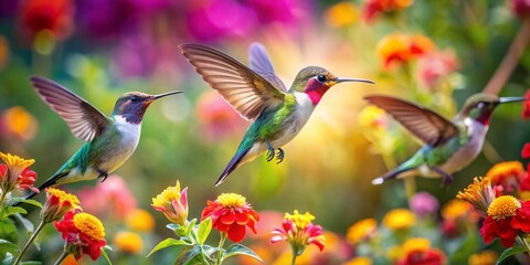 Fototapeta premium Hummingbird and Flowers Bokeh Frame: Nature Photography Stock Photo