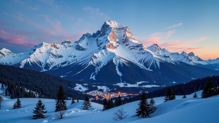 Snow-capped mountains rise majestically amidst a dark emerald forest, enveloping the landscape with serene beauty