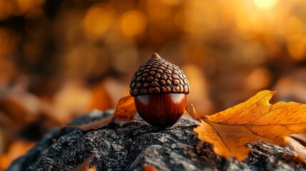 Fototapeta premium Focused view of an acorn nestled on a rock, earthy tones, detailed cap texture, and rich autumn colors in a tranquil nature scene
