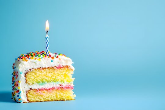 A colorful rainbow cake with one candle, a slice of it on the side against a blue background