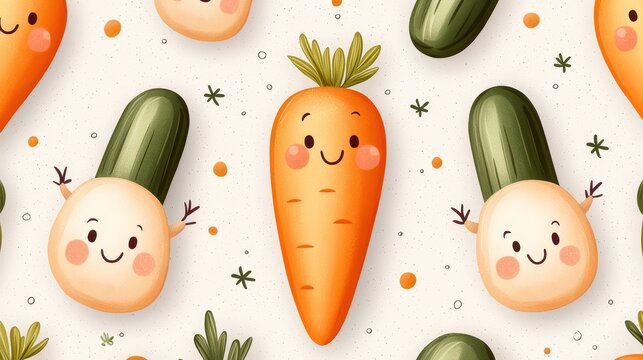 Fun, colorful illustration of carrots, cucumbers, and zucchini with cute expressions, playful design, perfect for kids' educational materials