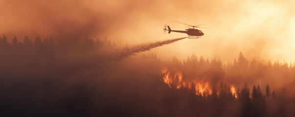 Fototapeta premium Helicopter flying over forest fire, targeting flames with water drops. scene captures urgency and intensity of firefighting efforts in smoky environment