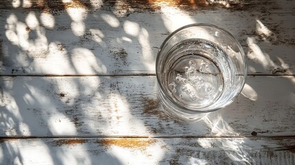 Clear glass of water casting sharp shadows on a white wooden table, viewed from above