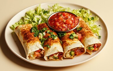 A plate of burritos with salsa and shredded lettuce flying above on a pastel beige backdrop