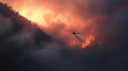 Fototapeta premium helicopter drops water over wildfire engulfing mountain, creating dramatic scene of smoke and flames. intense colors evoke urgency and danger