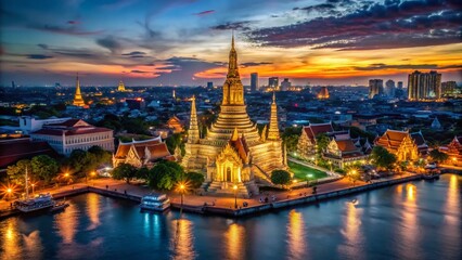 Obraz premium Illuminated Wat Arun Temple Bangkok Night Aerial View