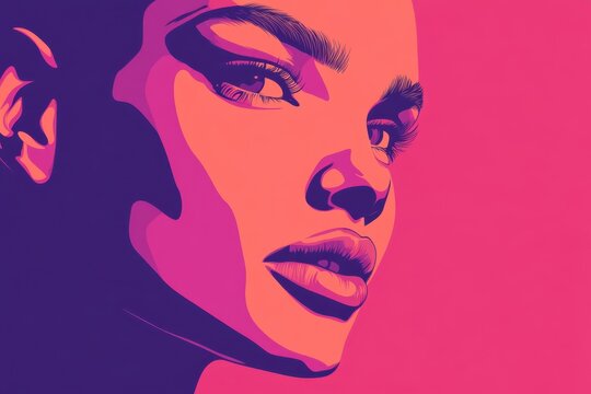 Vibrant Pop Art Illustration of Woman's Face in Bold Pink and Purple Tones