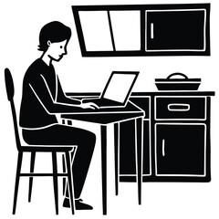 Silhouette of Person Working on Laptop at Kitchen Table art icon vector