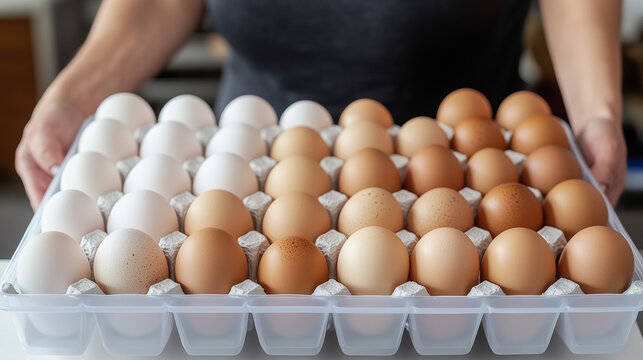 man holding white and brown eggs in organizers - Powered by Adobe