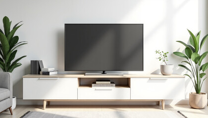 Modern living room with television on white furniture