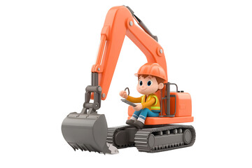 Factory Worker Operating Heavy Machinery 3D cartoon character, isolated on transparent or white background cut out, high definition, orange excavator