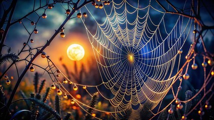 Intricate Spiderweb at Night, Dewdrops Glistening Under Moonlight