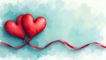 Twin Red Heart Balloons with Ribbon against Teal Watercolor Background