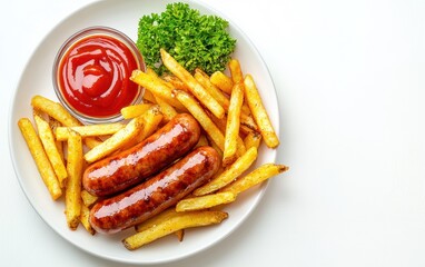 A plate of currywurst with flying fries and curry ketchup on a white background
