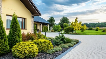 Obraz premium Senior care facility exterior with well-maintained garden and welcoming entrance. Emphasizing comfort and dignity in elderly living environments.