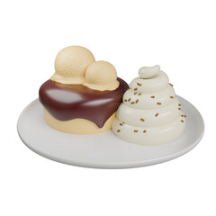 3D Cartoon Dessert Plate With Chocolate Cake Ice Cream and Whipped Cream..