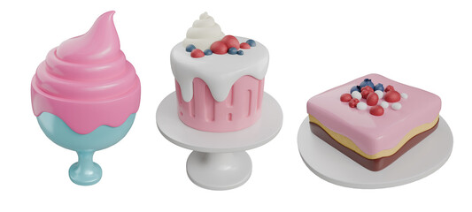 3D Cartoon Dessert Collection with Strawberry Flavour Ice Creams and Cakes