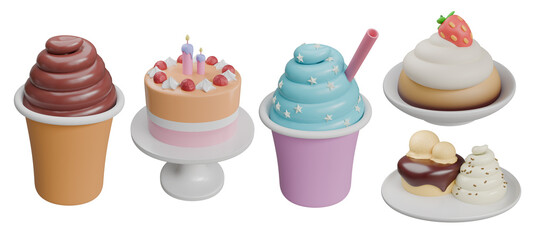 3D Cartoon Dessert Collection with Ice Creams, Cakes