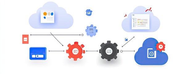 Cloud-Based Workflow with Gear Icons and Data Integration for Digital Transformation