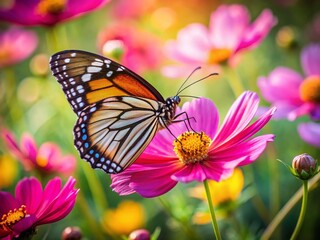 Fototapeta premium Jezebel Butterfly on Pink Cosmos Flower in a Vibrant Garden