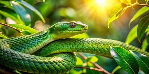 Camouflaged Serpent: A Green Snake Hidden Amongst Lush Tropical Foliage, Stock Photo