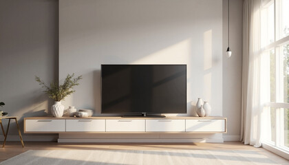 Living room with modern TV setup and minimalist decor