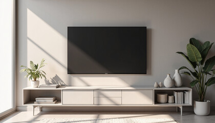 Modern living room with TV and decorative plants