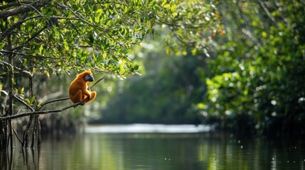 Fototapeta premium A proboscis monkey swinging on mangrove trees near a shimmering river in Borneo