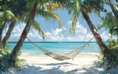 Fototapeta premium A quiet beach with a hammock tied between two palm trees, overlooking a calm and serene ocean