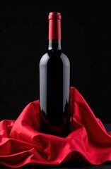 A bottle of red wine and a fluttering red silk cloth around the bottle on a black background. Space for copying.