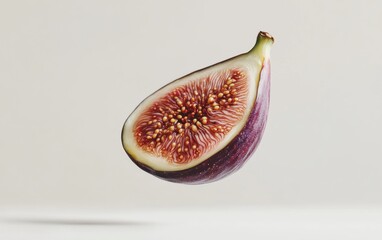 A ripe fig half floating mid-air, showcasing its rich purple exterior and seeded interior on a clean white surface