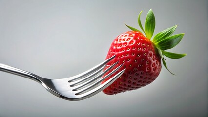 Juicy Fresh Strawberry on Fork, White Background - Stock Photo