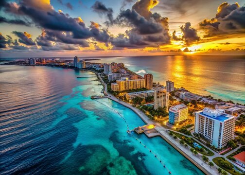 Cancun Skyline Dusk Aerial View - Panoramic Cityscape at Sunset