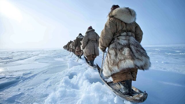 A group of Inuit people dressed in traditional fur-lined garments, hunting or fishing on the ice, showcasing their resilience and cultural heritage in a harsh, frozen landscape.