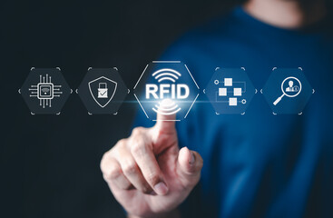 RFID Tech, Radio Frequency Identification. A hand pointing to an RFID icon, data security,...
