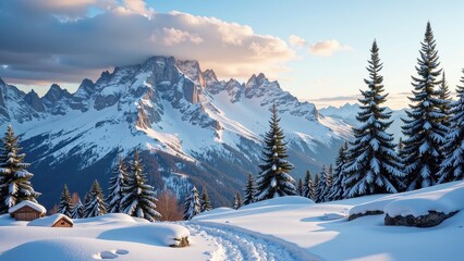 Snow-draped mountains loom majestically, framed by towering pines. A quaint cabin nestles in the snowy embrace on the left