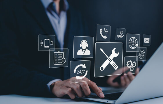 Technical support and customer service concept. Digital icon representing technical support, customer service, and 24/7 assistance. Business technology solutions for global support, service management - Powered by Adobe