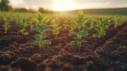 Young plants growing in fertile soil at sunset.