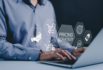 Pricing Strategy and Business Planning Concept. Businessman working on a laptop with digital icons displaying pricing strategy, financial growth, and analytics for decision-making. e-commerce, price,