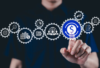 Automated Financial System concept. Automation featuring interconnected gears with various...