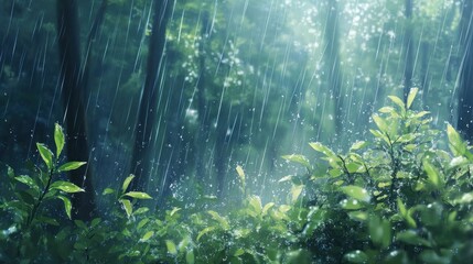 Obraz premium Rain falling on lush green forest, sunlight breaking through canopy.