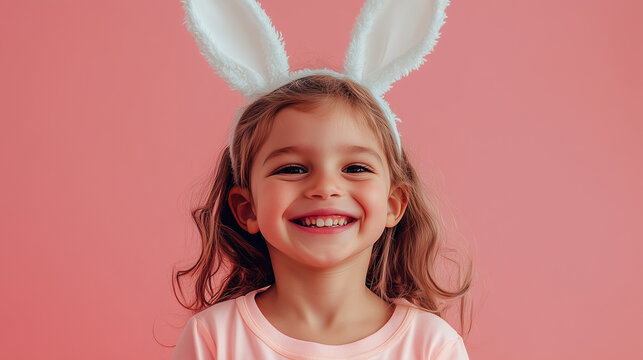 Ni&ntilde;a con orejas de conejo de pascua sonriente