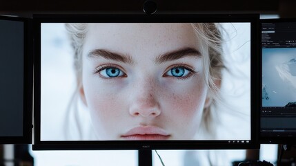 High-resolution AI-enhanced portrait displayed on screen in a professional photography setup. Advanced imaging technology and precision editing.