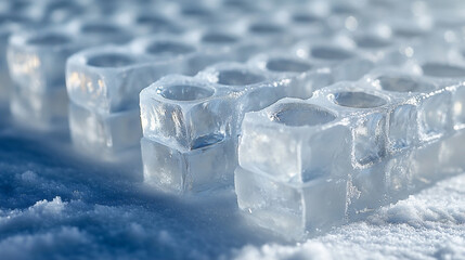 Obraz premium Close-up View of Ice Sample Grid Showcasing Transparent Ice Cubes Resting on Snow