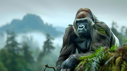 Obraz premium A powerful male gorilla, centered in the image, sits amidst a lush, misty rainforest.
