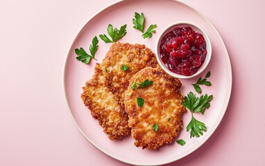Fototapeta premium A serving of pork schnitzel with flying cranberry sauce and parsley on a pastel pink backdrop