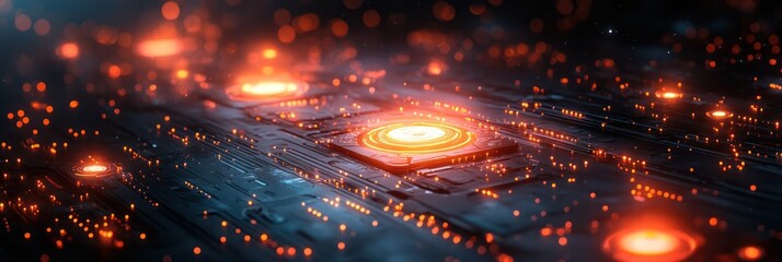 Obraz premium Abstract Futuristic Circuit Board: Glowing Orange Nodes and Digital Network