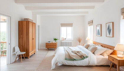 "Scandinavian-Style Bedroom with White Walls, Wooden Furniture, and Warm Lighting, Showcasing Minimalist Design and Cozy Decor – Perfect for Interior Design and Home Inspiration Photography"